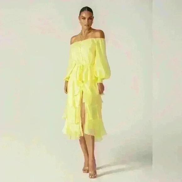 Alieva Dorra Chiffon Midi Dress Size Small Yellow Ruffle Sexy Girly Wavy - Picture 6 of 14